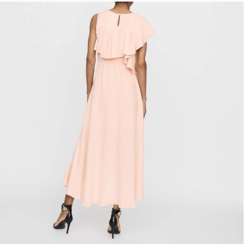 Maje Riveli Cold Shoulder Crepe Midi Elegant Pink Ruffle Dress‎ - Picture 3 of 12